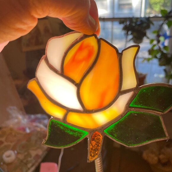 Handcrafted Stained Glass Rose Sun Catcher With Pink & White Petals Green Leaves - Picture 3 of 8